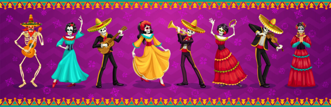 Mexican Day of Dead or Dia De Los Muertos characters, Mariachi musicians, Catrina and skeletons, vector banner. Mexican holiday Dia de Los Muertos fiesta music band in sombrero with guitars, trumpets