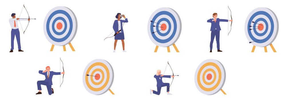 Isolated set of businesspeople cartoon character aiming darts target with arrow for goal achievement