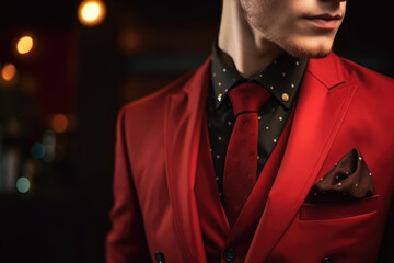 Red Suit for a Man, Three-piece suit. Man Red Suit, Vest, Bow Tie, White Shirt. Men's clothing. Men's fashion look. Abstract Holiday  Party Background - obrazy, fototapety, plakaty