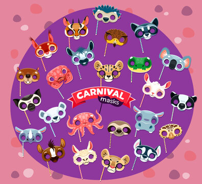 Cartoon animal carnival party masks or birthday holiday celebration costumes. Vector beaver, hedgehog, rhino and horse. Lamb, hippo, octopus or koala with sloth. Cheetah, gazelle, crocodile and eagle