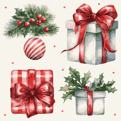Watercolor set of christmas elements, gift boxes, decoration