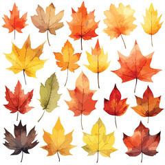 Naklejka na ściany i meble Watercolor set of autumn leaves isolated on white background