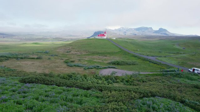 Beautiful holy Ingjaldsholl church in foggy on hill with lupine flower blooming during summer at Snaefellsnes, Iceland