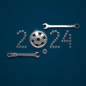 Creative 2024 New Year design template with nut bolts and wrenches. 3D render illustration on a construction, engineering and maintenance theme.
