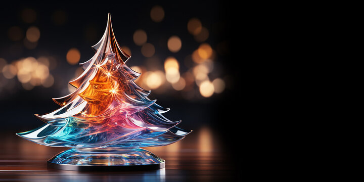 Shiny Christmas tree from colorful glass against bokeh lights on black background. Festive card with free spacy. Winter desing for website, print, backdrop. Banner