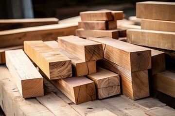 Assorted sawn wood in various sizes for construction and furniture. Generative AI - obrazy, fototapety, plakaty