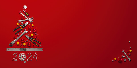 A symbolic Christmas tree made of construction tools. 2024 New Year greeting illustration. 3D render.