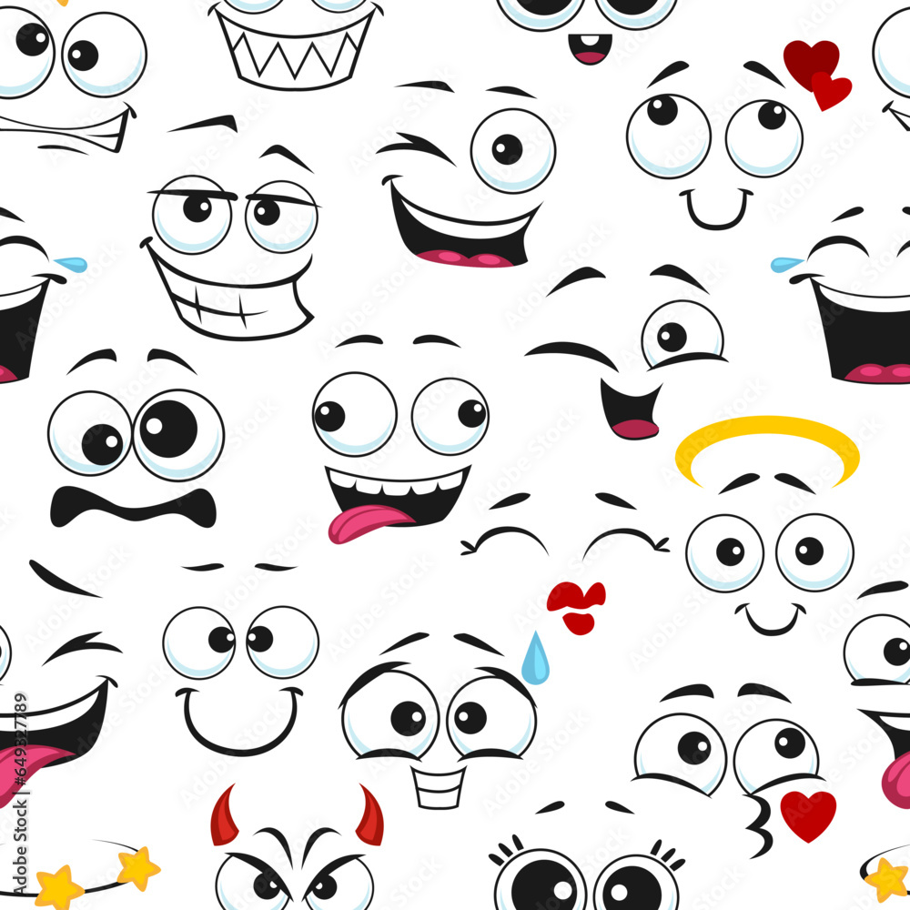 Aufkleber cartoon funny emoji faces seamless pattern. textile funny background, wallpaper or fabric vector pri