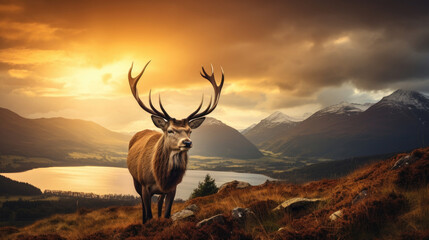 Dramatic sunset with beautiful sky over mountain range giving a strong moody landscape and red deer stag looking strong and proud - obrazy, fototapety, plakaty