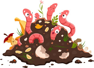 Cartoon funny earth worm characters in compost, soil humus. Vermicomposting. Isolated vector earthworms with smiling faces stick out of pile with organic waste. Useful insect in garden, pest creatures