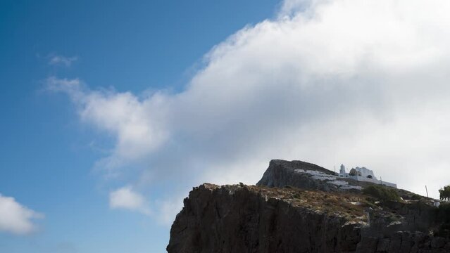Timelapse Of Clouds Over The Cliffs Of Panaghia Church In Folegandros.