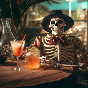 A skeleton capatain at a halloween party at a tropical island that has great drinks, halloween themed food, and live entertainment, wine bottle. Halloween, witch, woman, pumpkin, cat, holiday, magic.