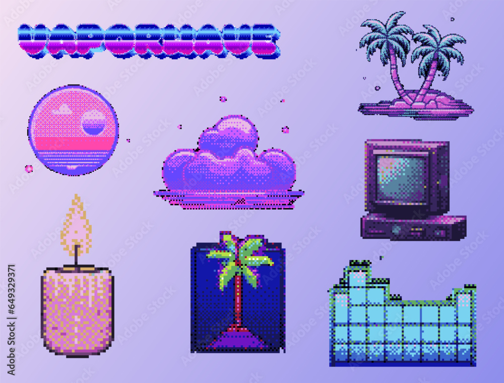 Aufkleber Set of different pixel art items for game design or sticker pack. Palm tree, cloud, a computer and other icons in vaporwave the 80's style.