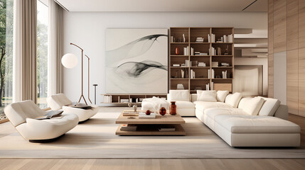 A modern, sprawling living room unfolds, characterized by clean lines and a sense of space. The white expanse of an empty wall serves as a canvas for endless possibilities. 