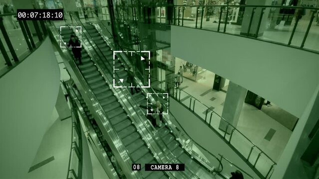 Automatic video surveillance system with biometric facial recognition identifies a person. Interface of the global CCTV camera system, for monitoring people, controlled by artificial intelligence. 4k 