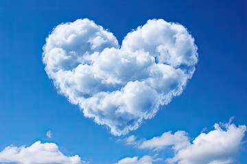 Heart shaped cloud formation in a clear blue sky, capture the whimsical beauty of love in the sky. Generative AI