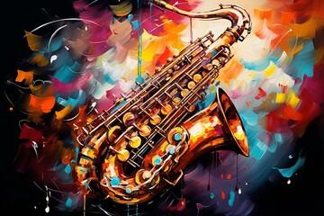 Colorful artwork saxophone. Enjoyment, pastime, relaxation. Generative AI - obrazy, fototapety, plakaty