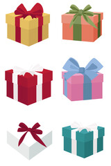 Vector set of paper gift boxes with different color ribbons and cardboard. Flat style gift boxes, isolated on background. Transparent background