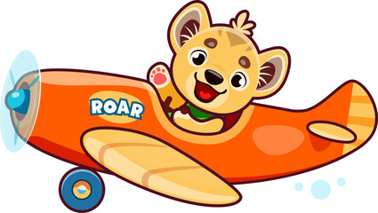 Cartoon cute lion baby animal character on plane. Animal kid airplane pilot ready to embark on exciting airborne adventures with a friendly smile. Isolated vector adorable lionet cub personage flying © Vector Tradition