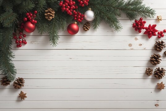 White wooden Christmas table with delicately arranged decorations on top corner