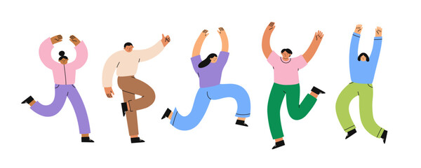 Happy jumping diverse people. Success, teamwork and friendship concept. Flat vector illustration.