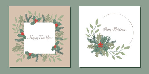 A set of Christmas cards. Greeting card. New Year's decor. Winter flowers and plants