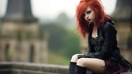 Pretty teenage emo girl with long and sleek bright red hair sitting alone with her thoughts and feelings overlooking a city and historic buildings reminiscent of Scottish stone architecture.   - obrazy, fototapety, plakaty