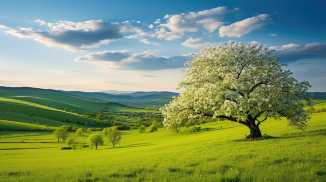 Moravian green rolling landscape with blooming apple-tree. Landscape with white spring flowering trees on green hill, which is highlighted by the setting sun. Natural seasonal landscape. 