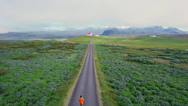 Beautiful holy Ingjaldsholl church in foggy on hill with lupine flower blooming and tourist enjoying in summer at Iceland