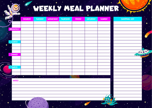 Weekly meal planner with astronaut and alien UFO in starry galaxy space, vector diet plan. Kid spaceman, rocket spaceship and space planets on weekly nutrition eating timetable or meal plan organizer