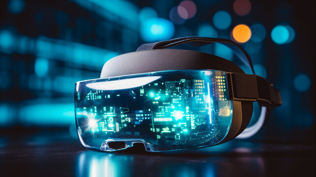 Interactive Holographic Coding Elements in a Virtual Reality Environment , with copy space, bokeh