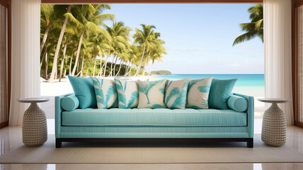 Aqua Blue and white Sofa with Tropical Leaf Print Pillows in a Coastal Retreat