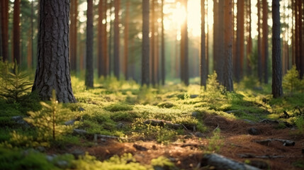 Nordic pine forest in the evening light. Short depth-of-field. - obrazy, fototapety, plakaty