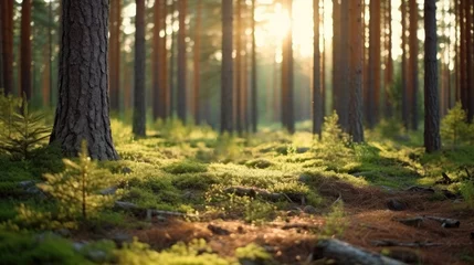 Poster Im Rahmen Nordic pine forest in the evening light. Short depth-of-field. © Sasint