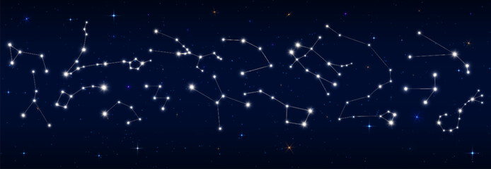 Stars constellation border and night sky map for astronomy or astrology, vector starry background. Stars constellation zodiac signs in space galaxy for astrological horoscope, esoteric and planetary © Vector Tradition