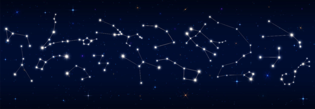 Stars Constellation Border And Night Sky Map For Astronomy Or Astrology, Vector Starry Background. Stars Constellation Zodiac Signs In Space Galaxy For Astrological Horoscope, Esoteric And Planetary