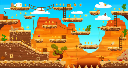 Arcade game level map with wild west western platforms, canyons, rocks and mountains. Cartoon vector 2d parallax background, nature location with desert, cacti, trees and bridges with hanging ropes