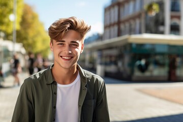 Portrait of a handsome teeneger boy smiling wearing casual clothing looking at camera in the city.