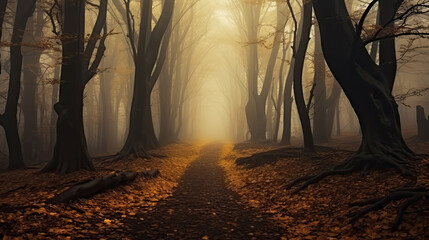 Obraz premium Path trough a strange beautiful forest with fog in autumn