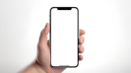 Mobile phone with a plain white screen is being held by someone in his left hand. Suitable for technology-themed design mockups, mobile app advertisements and smartphone accessory promotional material - obrazy, fototapety, plakaty