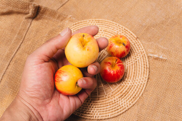 A man's left hand and a small apple