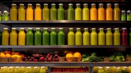  Fresh juice bar of vibrant freshly squeezed juices in glass bottles. AI generated © PandaStockArt