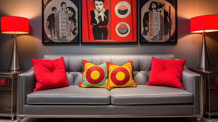 Charcoal Gray Sofa with Pop Art-inspired Bright Red Pillows in a Retro Lounge