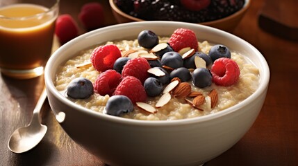 Oatmeal with berries, sliced almonds, and a drizzle of honey. AI generated