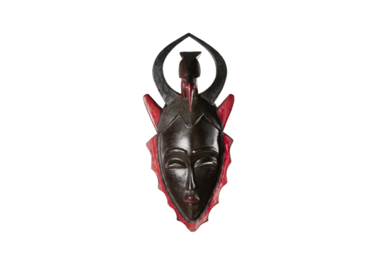 Isolated black and red African mask against a white or transparent background. This striking piece of African art captures the essence of traditional craftsmanship.