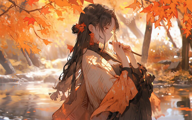 Fototapeta premium Beautiful girl in autumn woods,created with generative ai tecnology.