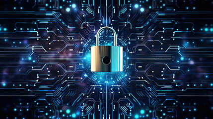 secure connection or cybersecurity service concept of compute motherboard closeup and safety lock with login and connecting verified credentials as wide banner design