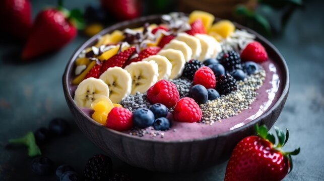 Smoothie bowl with sliced bananas, chia seeds, coconut flakes, and a variety of colorful berries. AI generated