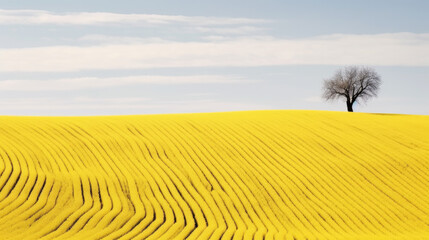 Spring Wavy Yellow Rapeseed Field With White Tree And Wavy Abstract Landscape Pattern.Corduroy Summer Rural Landscape.Yellow Undulating Fields Of Crops.
