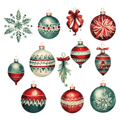 watercolor set of christmas balls hand drawn illustration